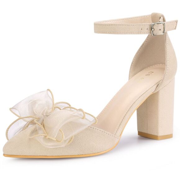 Bow Knot Pointed Toe Block Heel Pumps Beige - Picture 1 of 7